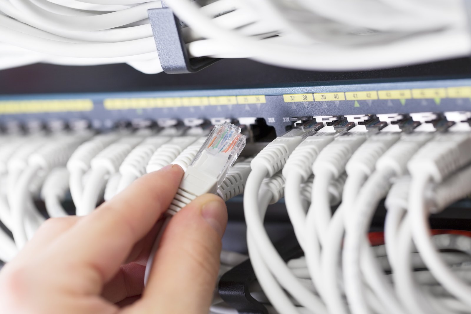 It consultant insert gigabit ethernet network cat 5, 5e, 6 patch cable into switch in datacenter.